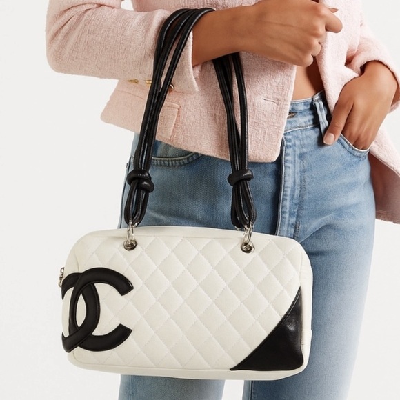 CHANEL Handbags - CHANEL Cambon Line White/Black CC Logo Leather Shoulder Bag